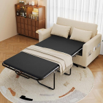 Diivan USB ja USB-C laadimisportidega, 2-istmeline diivanvoodi koos kokkuklapitava k&uuml;ljelaua ja k&uuml;ljetaskutega, madrats, kaks voodiplaati ja kaks padjakest, beež, 223 x 99 x 44 cm.