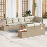 Polyrattan Gartensofa-Set 8 St&uuml;cke modular in Schwarz und Creme - Gartenm&ouml;bel-Set 8-teilig aus Polyrattan mit Akazienholzgestell und Kissen f&uuml;r Terrasse und Garten