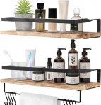 Uten Wooden Wall Shelf, Floating Shelf, Rustic with Towel Rail, Set of 2, Light Brown for Bedroom, Living Room, Bathroom, Kitchen, Office