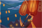 Stoff-Tischsets, waschbare Tischsets f&uuml;r Esstisch, 6er-Set,Cartoon Nachtlandschaft im chinesischen Stil