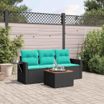 4-teiliges Gartensofa-Set mit Kissen aus schwarzem Polyrattan, modular aufgebautes Garten Sofa Set in Schwarz