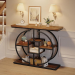 Trironsun kitsas konsoollaud esikusse, 4-tasandiline rustikaalne diivanilaud ringikujulise metallist alusega t&ouml;&ouml;stuslik puidust sissep&auml;&auml;sulaud koos riiulitega elutuppa, fuajeesse