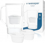 Wessper Water Filter Jug 2.8 L Aqua Max Basic, Set Water Jug and 2 Filters Compatible with Brita Maxtra, Water Filter System Reduction of Limescale, Chlorine - White