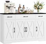 HOCSOK Sideboard, 140 cm Wide Kitchen Cabinet with 2 Adjustable Shelves, Buffet Cabinet with 3 Drawers 4 Doors, Kitchen Buffet for Living Room, Kitchen, Hallway, White & Black