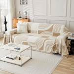 WEYOND Boho Sofa Cover Pet Friendly Chenille Couch Cover Reversible Sofa Slipcover Geometric Pattern L Shape Two Seater 2 3 4 Seater with Tassel (180x380cm, Khaki)