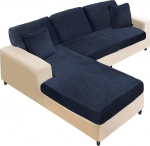 NAISI Sofa Covers, Velvet Couch Cushion Covers, L Shape Soft Stretch Sofa Covers with 2 Pillow Cases for Left/Right Chaise Longue (2 Seater + 1 Chaise+3 Backrest, Navy Blue)