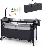 DREAMADE 5-in-1 Baby Travel Cot, 120 x 60 cm, Side Bed with Mattress & Changing Table, Music Box & Toy, Height-Adjustable Baby Bed for Baby from Birth (Dark Grey)