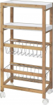 BAKAJI Slim Salvaspazio Bamboo Kitchen Trolley with 2 Removable Trays, 2 Shelves and Metal Fruit Basket and 4 Swivel Wheels, Natural Wood