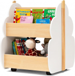 DREAMADE Children's Bookcase, Play Shelf with 3 Open Shelves, Toy Organiser, Toy Box with Wheels for Books Toys, Children's Shelf for Children's Room, Nursery 52 x 46 x 62.5 cm (White + Natural)