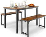 HOMASIS 3-Piece Dining Set Dining Room Table with Chairs for 4 People, Dining Set with 2 Wooden & Metal Benches, Industrial Style Dining Table Set, Kitchen Furniture for Dining Room, 110 x 70 x 75 cm