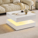 Kohvilaud valge k&otilde;rgl&auml;ikega LED-valgustusega Moodne ruudukujuline kohvilaud 2 sahtliga ja varjatud panipaigaga 78 x 78 x 43 cm