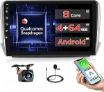 Qualcomm 8 Core 4 + 64 GB Android 15 autoraadio Peugeot 208/2008 2012-2018 traadita Carplay Android auto, 10,1-tolline puuteekraaniga raadio 3D automudel/jahutusventilaator/GPS/BT/WiFi/Reversioonikaamera/DSP/FM/RDS