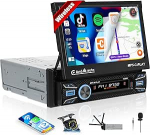SIXTOP 1 DIN Bluetooth autoraadio traadita CarPlay & Android autoga, 7-tolline elektriline sisset&otilde;mmatav puuteekraaniga autoraadio 1DIN koos EQ, FM, Type-C/USB/AUX/TF/SWC + tagurduskaameraga