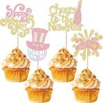 Ephlyn 2025 Happy New Year Glitter Fireworks Cheers to 2025 Cupcake Picks for Welcome 2025 Happy New Year Theme Holiday Party Cake Decorations Supplies Gold Pack of 24