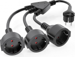 Topeltpistik pistikupesa jaoks, pikenduskaabel 3-kohalise pistikupesa ja lame pistikuga, AOUOO 3-kohaline Schuko Y jaotur, 1,5 mm&sup2; paindlik kaabel, 16A/250V, IP20 veekindel, koju, kontorisse, must