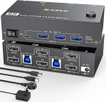 HDMI KVM Switch 2 PC 2 monitori 8K @ 60Hz 4K @ 144Hz, camgeet Dual Monitor KVM Switch 2 PC jagab 2 monitori ja 4 USB 3.0 pesa juhtmega kaugjuhtimispuldiga, 12 V toiteallikas ja USB-kaabel kaasas