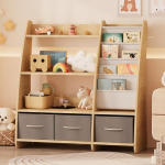 NACHES Montessori laste raamaturiiul 91 x 38 x 92 cm 4 riiuliga, 2 avatud sektsiooniga ja 3 hoiukastiga, puidust, lastetuppa (naturaalne)