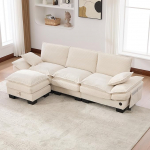 3 Sitzer Modular Sofa mit Hocker, 260x132x84cm, Cord Couch mit Stauraum, USB-C-Anschluss und Seitentaschen, L-F&ouml;rmiges Wohnzimmer Couch f&uuml;r B&uuml;ro und Lounge, Beige | breiter Sitzfl&auml;che, mit USB-C-Anschluss, mit Seitentaschen, mit Hocker