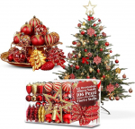 Avilia 106-teiliges Weihnachtsbaum-Dekorationsset in Rot und Gold mit bruchsicheren Kugeln, Blumen und Sternen f&uuml;r passende Weihnachtsdekorationen, einfach aufzuh&auml;ngen und wiederzuverwenden