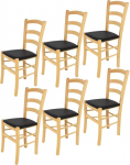 Tommychairs - komplekt 6 Veneetsia tooli k&ouml;&ouml;gi ja s&ouml;&ouml;gitoa jaoks, vastupidav struktuur lakkitud p&ouml;&ouml;gipuidust naturaalses v&auml;rvitoonis ja musta kunstnahaga kaetud polsterdatud iste.