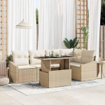 Modernes Garten-Ecksofa-Set 6-teilig Poly-Rattan Beige und Creme mit Kissen, Glas-Couchtisch, verstellbaren F&uuml;&szlig;en und Stauraum als Outdoor-Sofa-Garnitur
