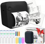 AgoDeo Mini Printer for Smartphone - Mini Printer - Includes 1 Hard Case + 13 Rolls (Stickers, Normal & Colour) + 5 Pens - Sticker Printer for Study, Notes, Pictures, Photos, Diaries
