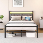 FOUBAM t&auml;issuuruses kaheinimese voodiraam koos polsterdatud peatoega ja USB-laadimisalusega - Raske metallist kaheinimese voodiraam LED-valgustusega - madratsi alus - lihtne kokkupanek - hall