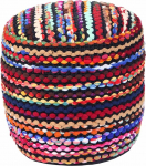 Homescapes Round Seat Pouf Folk 40 x 45 cm, Chindi Stool, Pouf Black/Multicoloured Stripes, Colourful Footstool with Bean Bag Filling