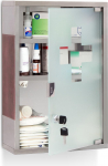Relaxdays medicine cabinet EMERGENCY stainless steel and wood look XL HBT: 45 x 30 x 12 cm with 3 compartments and glass door to lock incl. 2 keys for first aid modern style for the bathroom, silver / brown