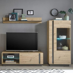 Lomadox Living Room Combination 3-Piece Artisan Oak with Graphite Grey Panels with Lighting W x H x D Approx. 220 x 165 x 40 cm