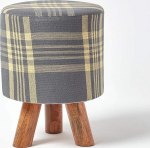 Homescapes Tall, Circular Grey Yellow Tartan Footstool - 32 X 32 X 42 cm