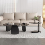 Minimalistisches Couchtisch-Set aus Glas mit Holzsockel - stilvolles Nesting-Design f&uuml;r einfache Montage und Reinigung, perfekt f&uuml;r moderne Wohnzimmer