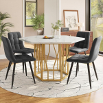 REXO Esstisch- und Stuhlset (5-teiliges Set), moderner sechseckiger Marmor-Esstisch + 4 Esszimmerst&uuml;hle aus Grauer Samt, um EIN warmes und modernes Restaurant zu schaffen, Goldfarbene Tischbeine