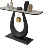 Schmaler Konsolentisch mit Rockboard-Platte und Eisengestell, eleganter Eingangstisch mit goldenen Akzenten f&uuml;r Flur und Eingangsbereich, abgerundete Kanten und geschwungene Seiten (Schwarz/