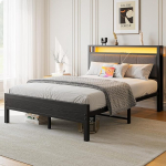 Bett 120x200 cm，Bettrahmen mit Ladestation, Robustes Metallbett mit Holz Stauraum-Kopfteil aus Stoff,G&auml;stebett Doppelbett/Einzelbett Bettrahmen G&auml;stezimmer,Metall mit Lattenrost, Schwarz