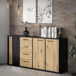 Forte Cardigan kapp 180 Moodne kapp 3 uksega ja liistude disainiga 4 sahtlit elutuba magamistuba k&auml;sit&ouml;&ouml;nduslik tammepuidust dekoor | Must, 179,4 cm lai x 82,3 cm k&otilde;rge x 34,3 cm s&uuml;gavus