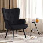 Furnimart Mid-Century Modern Black Velvet elutoa tool, mugav tugitool, vaba aja riietuslaud, k&uuml;lalistele, tiiva seljatoega tool kontorisse, &otilde;ppet&ouml;&ouml;le, edevusele, magamistuppa,