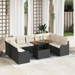 Rantry 10-teiliges Garten Sofa Set mit Kissen Schwarz Poly Rattan Akazie, 2-Sitzer Garten Sofa mit Kissen Schwarz Poly Rattan Gartenlounge Model3349501