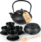 Lumaland Tea set of 12. Cast Iron black hobnail tetsubin Teapot (1,4 liter): 4 Tea Cups and Saucer Set with Bamboo dosing scoop