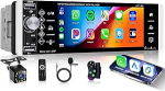 Traadita Carplay autoraadio 1 DIN traadita Android auto FM/AM/RDS raadio Bluetooth k&auml;ed-vabad komplekt, 5,1-tolline autoraadio koos Mirror Link Bluetooth USB/AUX/TF/EQ roolijuhtimiss&uuml;steemiga Tagurduskaamera