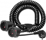 5 m pikenduskaabel 2 Schuko pistikupesaga, spiraalkaabel Spiraal pikendus 0,8 m kuni 5 m Max, pikenduskaabel, spiraalkaabel topelt Schuko pistikuga (230 V/16 A), 2-kohaline pistikupesa, must