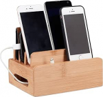 Relaxdays, Bambus laadimisjaam, lauatelefoni hoidja 6 seadmele, puit, kaablikarp organiseerimiseks, K x S x P/9 x 17 x 13 cm, naturaalne