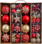 Valery Madelyn Christmas Baubles 60 tk plastist j&otilde;ulupuu kuusepuu kaunistused j&otilde;ulukaunistus koos riputusrihma s&auml;rava glitteriga matt teema punane kuld (L)