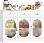 FirFurd Sideboard 120 cm Wide Kitchen Cabinet with Worktop Sideboard for Kitchen Living Room Buffet Cabinet with 3 Drawers and 3 Glass Doors Kitchen Buffet with Adjustable Shelf White 120 x 89 x 39.8