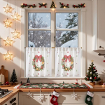 Vangao V&otilde;rgukardinad, kaasaegne, j&otilde;ulukaunistus, k&ouml;&ouml;k, Bistro-kardinad 2 tk, 60 H x 65 H cm, tr&uuml;kitud, j&otilde;ulup&auml;rg, l&uuml;hike, tangutaskuga, l&auml;bipaistev, maamaja stiilis, punane ja roheline.