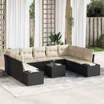 Modulares Outdoor-Sofagarnitur aus Polyrattan als 9-teiliges Gartensofa-Set in Schwarz und Creme mit Kissen, Garten Lounge Set, Gartenm&ouml;bel-Set mit Kissen