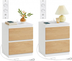 VASAGLE Kailyn Collection - &ouml;&ouml;kapp koos vooluv&otilde;rguga, 2-osaline komplekt, k&uuml;ljelaud 2 sahtlit, 2 pistikupesa, 2 USB-A pesa, magamistuppa, mandlikollane LET821Y02