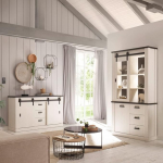 Lomadox s&ouml;&ouml;gitoa m&ouml;&ouml;blikomplekt m&auml;nnivalge antratsiidiga 2-osaline maamaja stiilis k&uuml;ljepaneel ja vitriinkapp koos LED-valgustusega