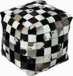 Homescapes Leather Seat Cube 35 x 35 cm Patchwork Pouf Checked Cube Stool Brown Cream Beige Real Fur Bean Bag Stool Unique