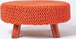 Homescapes Low Round Knitted Stool with Wooden Legs, Orange Footstool 62 x 62 x 30 cm, Knitted Stool with Chunky Knitted Cover Made of 100% Cotton